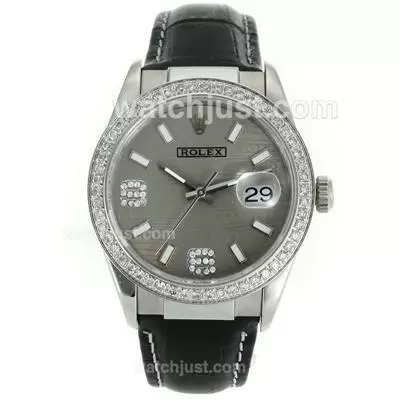 Rolex Datejust Automatic Movement Diamond Bezel With Gray Watermark Dial Leather Strap