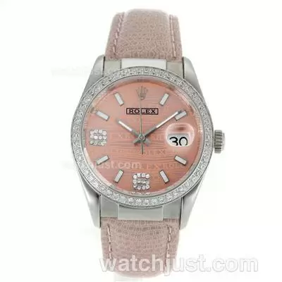 Rolex Datejust Automatic Movement Diamond Bezel With Pink Watermark Dial Leather Strap