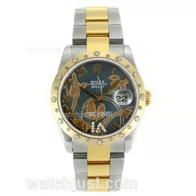 Rolex Datejust Automatic Two Tone Diamond Bezel Roman Markers With Black Mop Dial Flowers Illustration