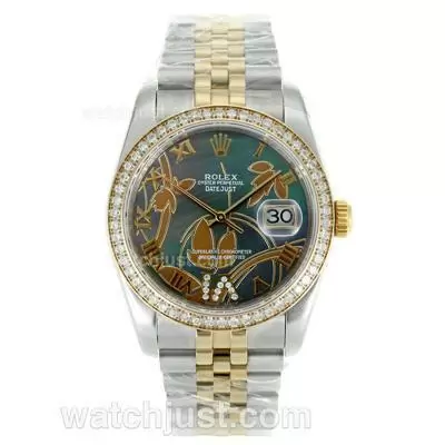 Rolex Datejust Automatic Two Tone Diamond Bezel Roman Markers With Mop Dial Flowers Illustration