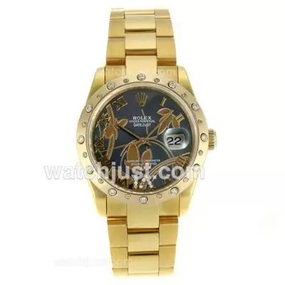 Rolex Datejust Automatic Full Gold Diamond Bezel Roman Markers With Mop Dial Flowers Illustration