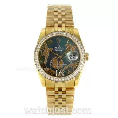 Rolex Datejust Automatic Full Gold Diamond Bezel Roman Markers With Mop Dial Flowers Illustration