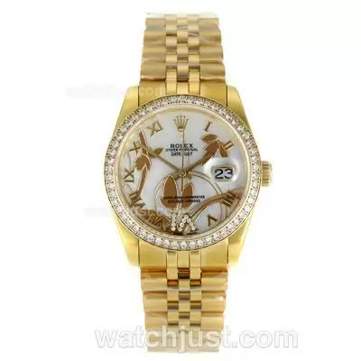 Rolex Datejust Automatic Full Gold Diamond Bezel Roman Markers With White Mop Dial Flowers Illustration