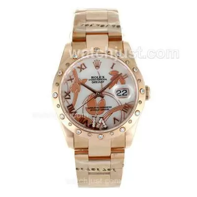 Rolex Datejust Automatic Full Rose Gold Diamond Bezel Roman Markers With White Mop Dial Flowers Illustration