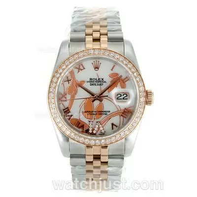 Rolex Datejust Automatic Two Tone Diamond Bezel Roman Markers With White Dial Flowers Illustration