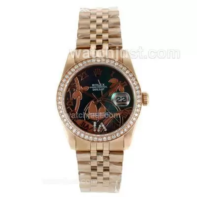 Rolex Datejust Automatic Full Rose Gold Diamond Bezel Roman Markers With Mop Dial Flowers Illustration