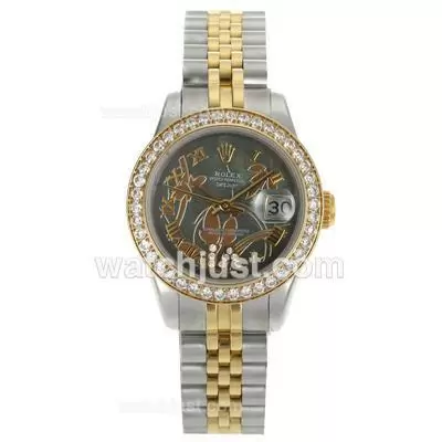 Rolex Datejust Automatic Two Tone Diamond Bezel Roman Markers With Black Mop Dial Flowers Illustration