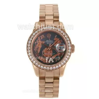 Rolex Datejust Automatic Full Rose Gold Diamond Bezel Roman Markers With Black Mop Dial Flowers Illustration