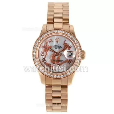 Rolex Datejust Automatic Full Rose Gold Diamond Bezel Roman Markers With Mop Dial Flowers Illustration