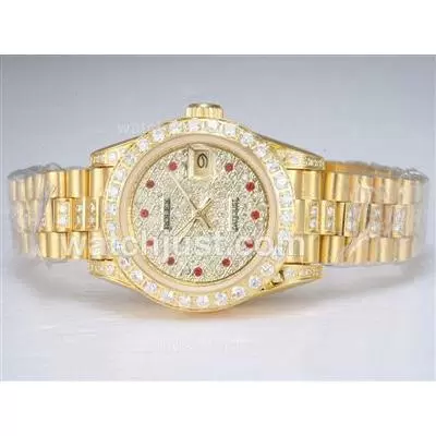 Rolex Datejust Automatic Movement Full Gold With Diamond Bezel And Dial Red Marking Lady Size