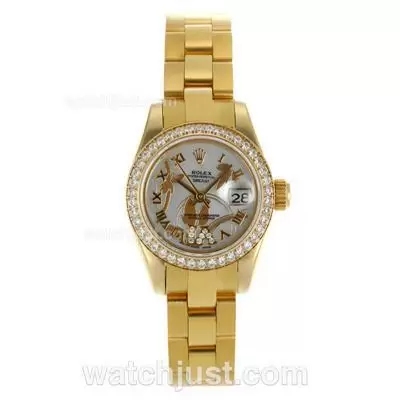 Rolex Datejust Automatic Full Gold Diamond Bezel Roman Markers With White Dial Flowers Illustration