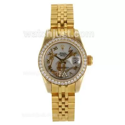 Rolex Datejust Automatic Full Gold Diamond Bezel Roman Markers With White Dial Flowers Illustration