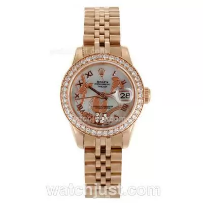 Rolex Datejust Automatic Full Rose Gold Diamond Bezel Roman Markers With Black White Mop Dial Flowers Illustration