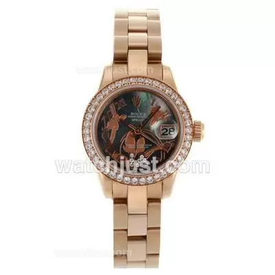 Rolex Datejust Automatic Full Rose Gold Diamond Bezel Roman Markers With Mop Dial Flowers Illustration