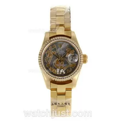 Rolex Datejust Automatic Full Gold Roman Markers With Brown Mop Dial Flowers Illustration