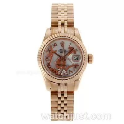 Rolex Datejust Automatic Full Rose Gold Roman Markers With White Mop Dial Flowers Illustration