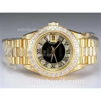 Rolex Datejust Automatic Movement Full Gold With Diamond Bezel And Marking Black Dial Lady Size