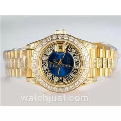 Rolex Datejust Automatic Movement Full Gold With Diamond Bezel And Marking Blue Dial Lady Size