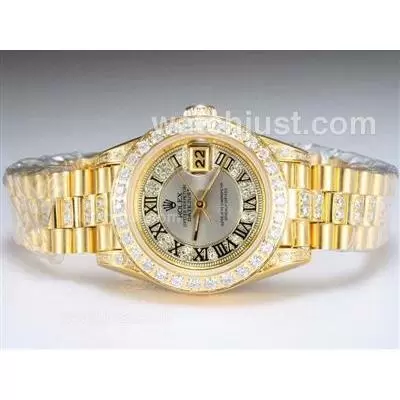 Rolex Datejust Automatic Movement Full Gold With Diamond Bezel And Marking Gray Dial Lady Size