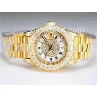 Rolex Datejust Automatic Movement Full Gold With Diamond Bezel And Dial White Lady Size