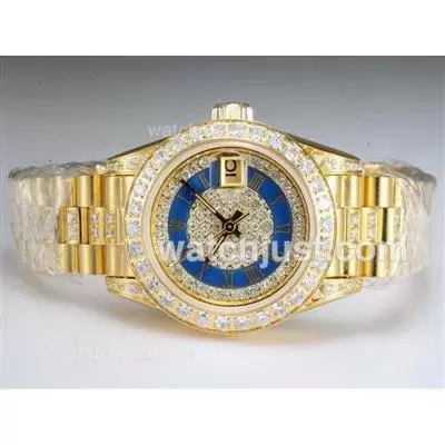 Rolex Datejust Automatic Movement Full Gold With Diamond Bezel And Dial Blue Lady Size