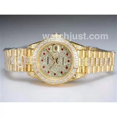 Rolex Datejust Automatic Movement Full Gold With Diamond Bezel And Dial Red Marking Lady Size