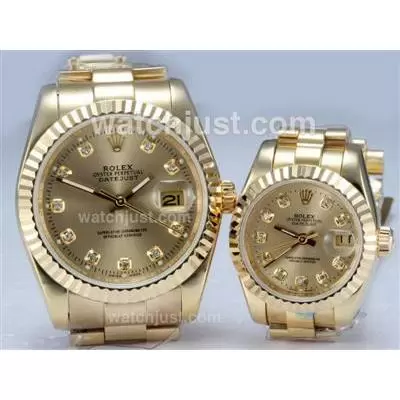 Rolex Datejust Automatic Full Gold With Diamond Marking Golden Dial Couple Watch