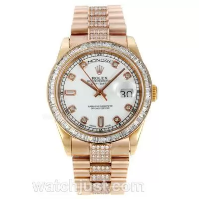 Rolex Day Date Automatic Full Rose Gold With White Dial Cz Diamond Bezel And Markers Same Chassis As Eta Version