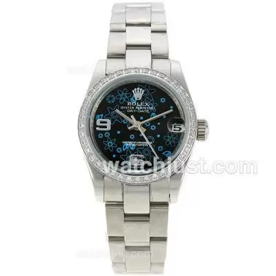 Rolex Datejust Automatic Diamond Bezel With Black Floral Motif Dial Sapphire Glass S/s Medium Size