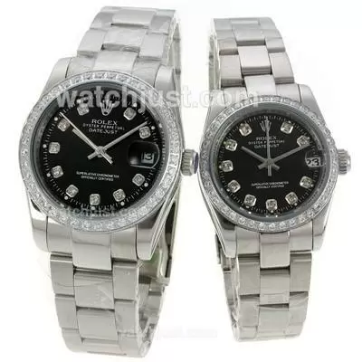 Rolex Datejust Automatic Diamond Bezel Diamond Markers With Black Dial Sapphire Glass S/s Couple Watch