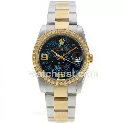 Rolex Datejust Automatic Two Tone Diamond Bezel With Black Floral Motif Dial Sapphire Glass