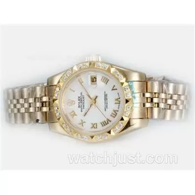 Rolex Datejust Automatic Full Gold Diamond Bezel With White Dial Roman Marking