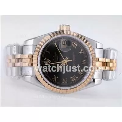 Rolex Datejust Automatic Movement Two Tone With Black Dial Roman Marking Lady Size