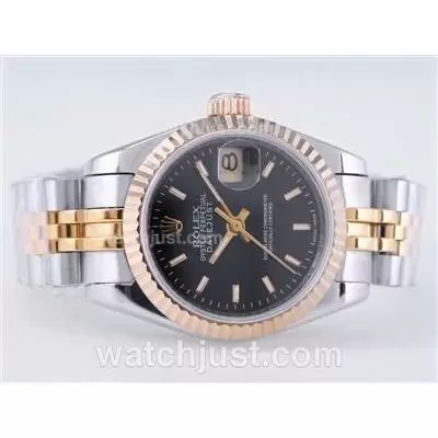 Rolex Datejust Automatic Movement Two Tone With Black Dial Stick Marking Lady Size