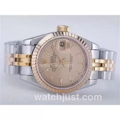 Rolex Datejust Automatic Movement Two Tone With Golden Dial Stick Marking Lady Size