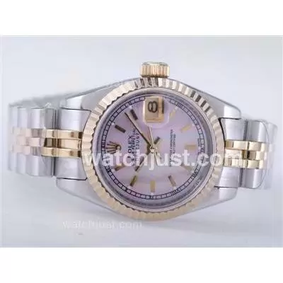 Rolex Datejust Automatic Movement Two Tone With Pink Mop Dial Stick Marking Lady Size