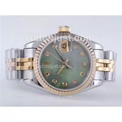 Rolex Datejust Automatic Movement Two Tone With Green Mop Dial Diamond Marking Lady Size