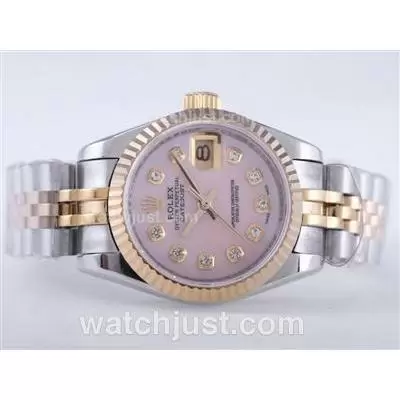 Rolex Datejust Automatic Movement Two Tone With Pink Dial Diamond Marking Lady Size