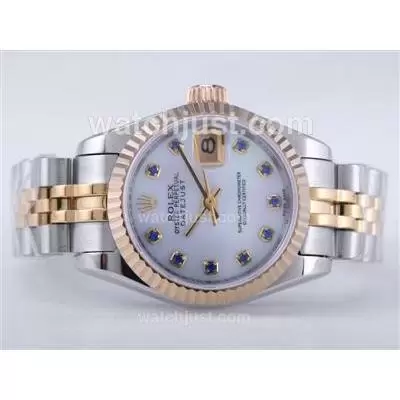 Rolex Datejust Automatic Movement Two Tone With Mop Dial Blue Diamond Marking Lady Size