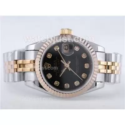 Rolex Datejust Automatic Movement Two Tone With Black Dial Diamond Marking Lady Size