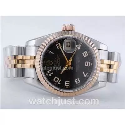 Rolex Datejust Automatic Movement Two Tone With Black Dial Number Marking Lady Size