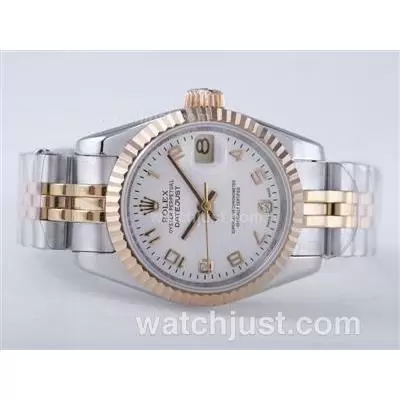 Rolex Datejust Automatic Movement Two Tone With White Dial Number Marking Lady Size