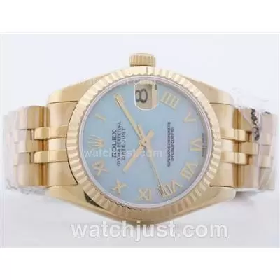 Rolex Datejust 2836 Full Gold Blue Mop Dial With Roman Numerals Mid Size