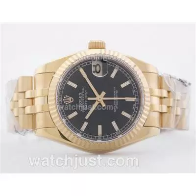 Rolex Datejust 2836 Full Gold Black Dial With Stick Marking Mid Size