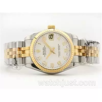 Rolex Datejust 2836 Two Tone White Dial With Arabic Numerals Mid Size