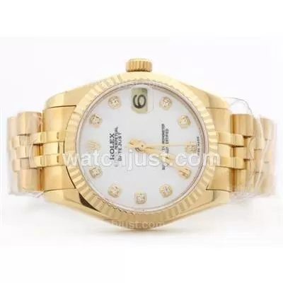 Rolex Datejust 2836 Fullgold White Dial With Diamond Marking Mid Size