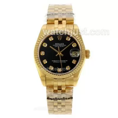 Rolex Datejust 2836 Full Gold Black Dial With Diamond Marking Mid Size