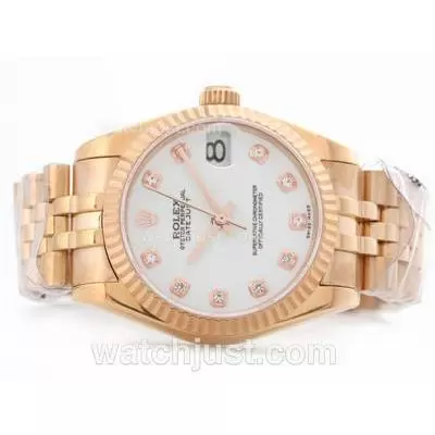 Rolex Datejust 2836 Full Rose Gold White Dial With Diamond Marking Mid Size