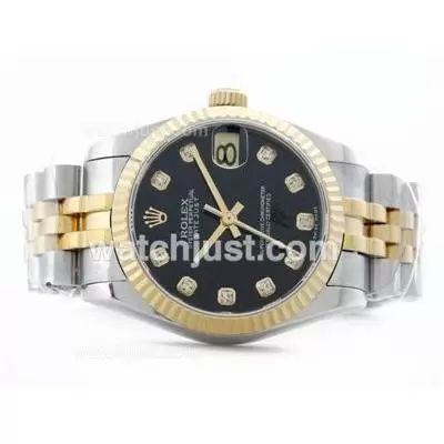 Rolex Datejust 2836 Two Tone Black Dial With Diamond Marking Mid Size