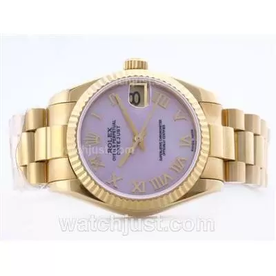 Rolex Datejust 2836 Full Gold Purple Dial With Roman Marking Mid Size